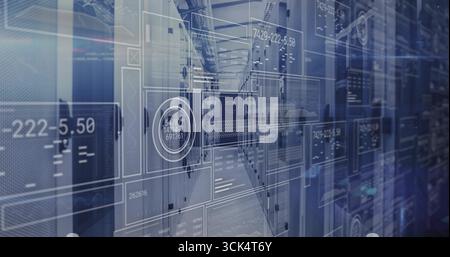 Displaying server racks in data center corridor, with translucent HUD panels and blinking LEDs Stock Photo