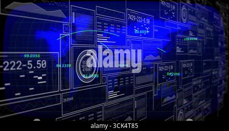 Displaying digital dashboard showcasing dynamic graphs on virtual interface with neon trend lines Stock Photo