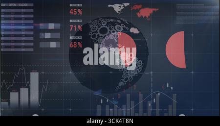 Displaying analytics dashboard on grid overlay with globe gears percentage overlays and world map Stock Photo