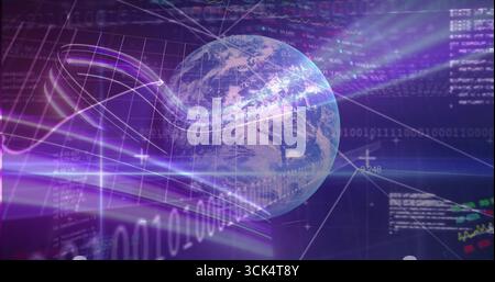 Circulating stylized Earth globe in virtual data space, showing binary digits and glowing streaks Stock Photo