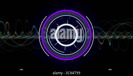 Displaying HUD interface at dashboard, showing concentric circles, segmented arcs and waveforms Stock Photo