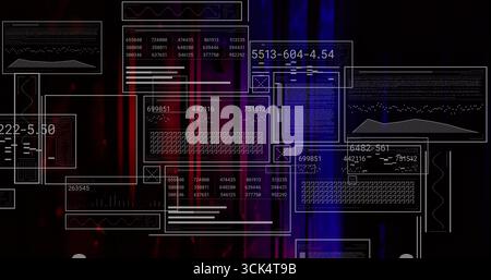 Floating wireframe panels displaying readouts and waveforms over red purple blue gradient backdrop Stock Photo