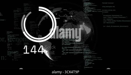 Showing dot-matrix globe spinning on dashboard, with circular progress displaying 1440 and C++ code Stock Photo