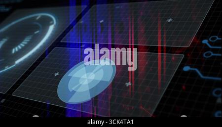 Displaying radar HUD on control-panel, with grid-panels, red-blue bars, circuit-lines, copy space Stock Photo