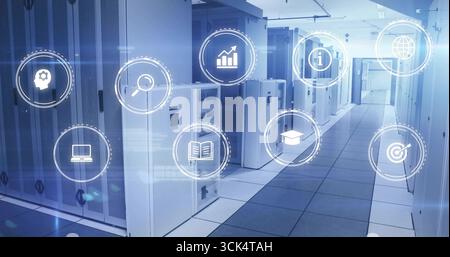 Displaying data center aisle featuring server racks with vents and cable trays, with floating icons Stock Photo