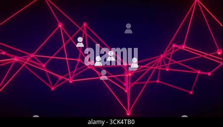 Displaying network forming neon pink lines with glowing nodes in cyberspace, with white user icons Stock Photo