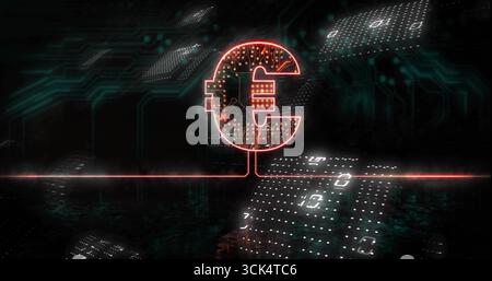 Neon-lit euro symbol hovering above red laser line in void, with floating 5G panels, circuit traces Stock Photo
