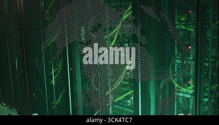 Highlighting black server racks showing green fiber and ethernet cables in data center, map overlay Stock Photo