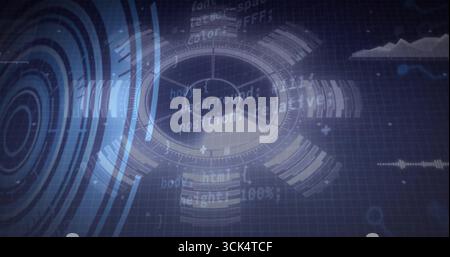 Displaying interface on blue grid, with circular HUD, concentric circles, code snippets, charts Stock Photo
