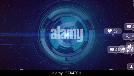 Displaying holographic circular interface in virtual starfield, with floating social media icons Stock Photo