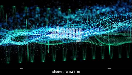Displaying turquoise and blue dots undulating across dark virtual canvas, conveying flowing data Stock Photo