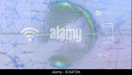 Visualizing central internet globe icon pulsing in network, with nodes, icons and glitch band Stock Photo