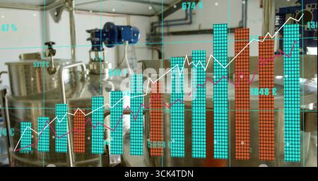 Showing translucent data visualization overlaying plant with stainless tanks,pipes,valves and motor Stock Photo