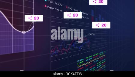 Displaying main financial line chart fluctuating on trading screen, with share icons, stock tickers Stock Photo