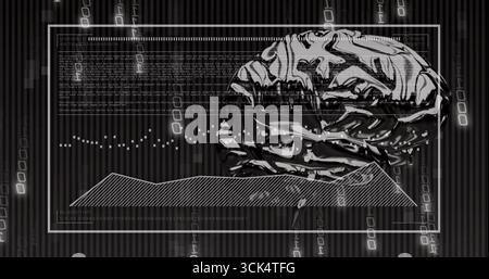 Rendering metallic brain model at right in data UI, showing code, waveforms, plots and data columns Stock Photo