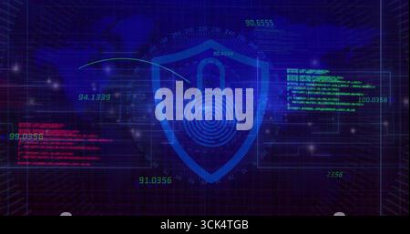 Displaying cybersecurity interface featuring shield fingerprint padlock motif, showing HUD overlays Stock Photo