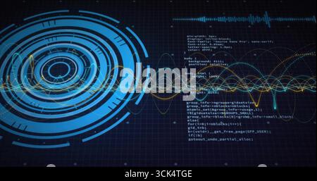 Displaying blue scanning graphic with multicolored waveforms and code text on interface, copy space Stock Photo