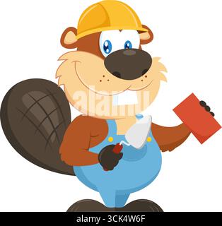 Cute Beaver Builder Cartoon Character Wearing A Helmet And Using Trowel And Brick. Vector Illustration Flat Design Isolated On Transparent Background Stock Vector