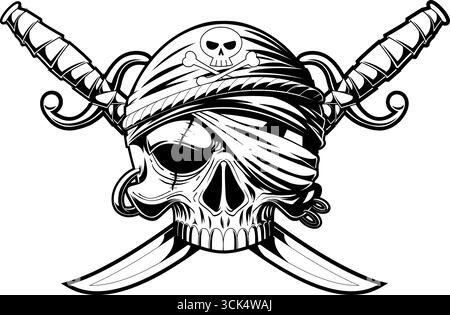 Outlined Pirate Skull With Two Sabres Graphic Logo Design. Vector Hand Drawn Illustration Isolated On Transparent Background Stock Vector