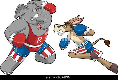 Republican Elephant And Democrat Donkey Cartoon Characters Boxing. Vector Hand Drawn Illustration Isolated On Transparent Background Stock Vector