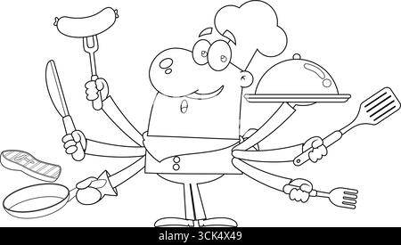 Outlined Chef Man Cartoon Character Multitasking At Kitchen. Vector Hand Drawn Illustration Isolated On Transparent Background Stock Vector