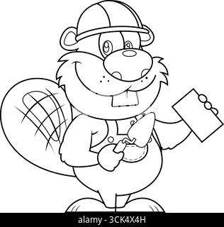 Outlined Cute Beaver Builder Cartoon Character Wearing A Helmet And Using Trowel And Brick. Vector Hand Drawn Illustration Stock Vector