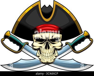 Pirate Skull With Two Sabres Graphic Logo Design. Vector Hand Drawn Illustration Isolated On Transparent Background Stock Vector