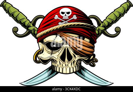 Pirate Skull With Two Sabres Graphic Logo Design. Vector Hand Drawn Illustration Isolated On Transparent Background Stock Vector