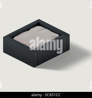 A simple black box containing a soft, light-colored cushion, suggesting comfort or storage. Stock Photo