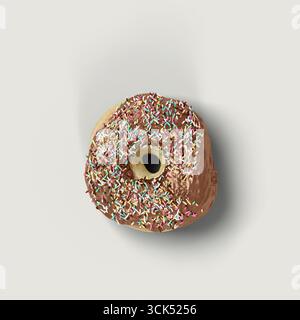 A top-down view of a chocolate frosted donut with colorful sprinkles. Stock Photo