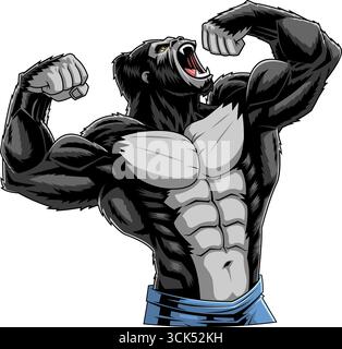 Fierce Bodybuilder Gorilla Flexing Muscles Sports Mascot Logo Design. Vector Hand Drawn Illustration Isolated On Transparent Background Stock Vector