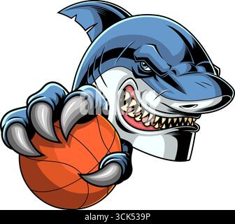 Fierce Shark Clawing Basketball Sports Mascot Logo Design. Vector Hand Drawn Illustration Isolated On Transparent Background Stock Vector