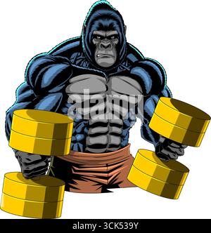 Powerful Gym Gorilla Holding Dumbbells Sports Mascot Logo Design. Vector Hand Drawn Illustration Isolated On Transparent Background Stock Vector