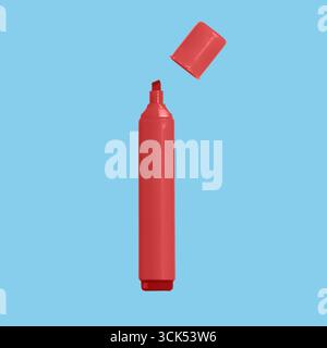 A red highlighter marker with its cap removed, ready for use in highlighting text or drawing. Stock Photo