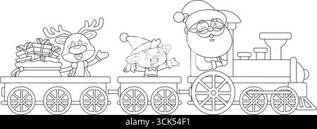 Outlined Cute Santa Claus, Elf, And Reindeer Riding A Festive Christmas Train With Gifts Cartoon Characters. Vector Hand Drawn Illustration Stock Vector