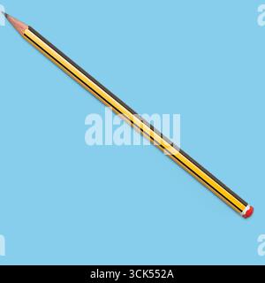 A yellow pencil with a sharpened tip and red eraser, commonly used for writing and drawing. Stock Photo
