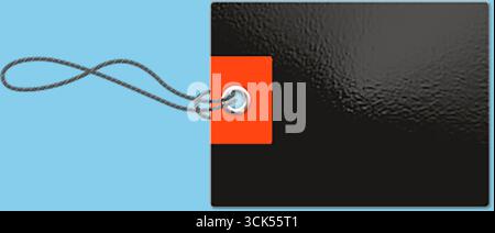 A simple black tag with an orange square, designed for labeling or branding purposes. Stock Photo