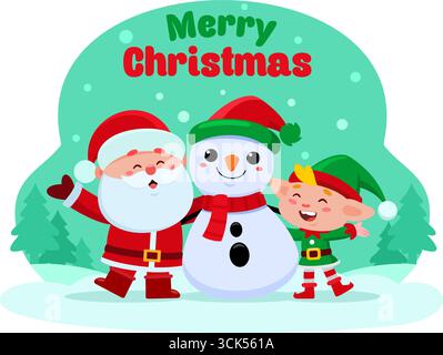 Merry Christmas message. Santa elf holding banner, cute cartoon elves ...