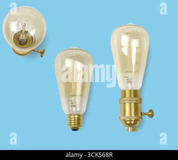 A collection of vintage-style light bulbs showcasing different shapes and bases for decorative lighting purposes. Stock Photo