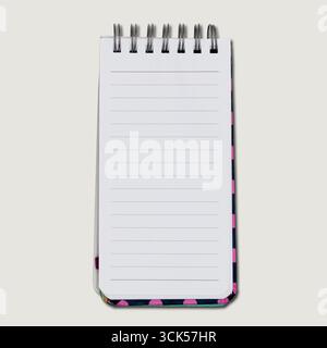 A small notepad with a spiral binding and blank lined pages for writing notes or lists. Stock Photo