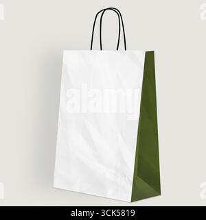 A plain paper bag with a white front and green sides, suitable for carrying items or packaging goods. Stock Photo