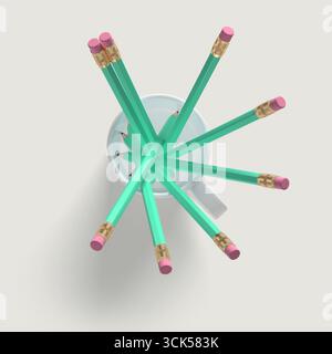 A collection of turquoise pencils arranged in a cup, showcasing a vibrant and organized stationery setup. Stock Photo