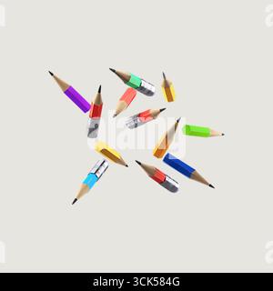 A colorful arrangement of pencils scattered in various orientations, showcasing creativity and artistic potential. Stock Photo