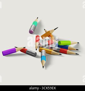 A collection of colorful pencils scattered on a surface, showcasing various colors and a creative vibe. Stock Photo