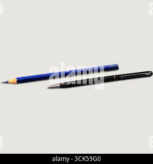 A blue pencil and a black pen placed side by side, suitable for writing and drawing tasks. Stock Photo