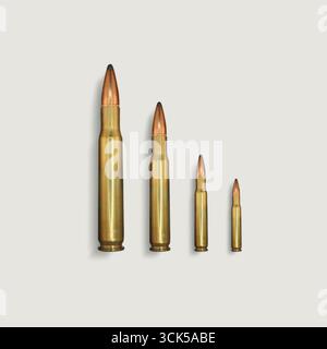 A series of four bullets of varying sizes, showcasing their design and construction. Stock Photo