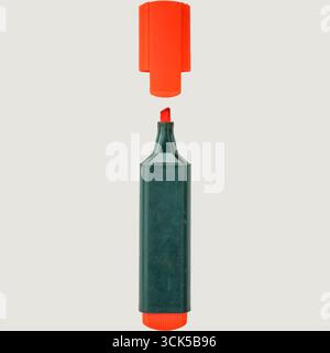A red highlighter marker with its cap removed, showcasing its chiseled tip for highlighting text. Stock Photo