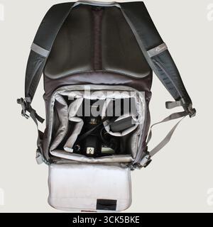 A camera backpack with compartments for gear and accessories, designed for photographers on the go. Stock Photo