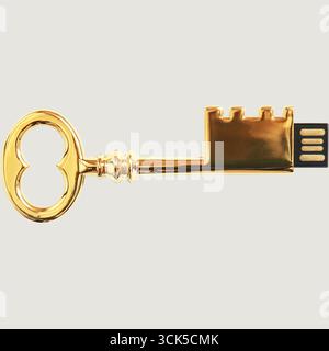 A golden key-shaped USB flash drive designed for data storage and transfer. Stock Photo