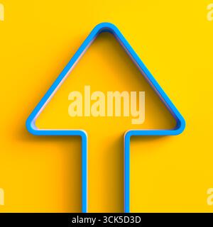 3d blue arrow pointing upwards yellow background Stock Photo